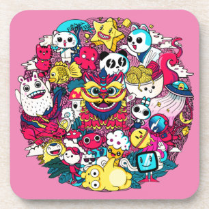 Japanese Doodle Art Throw Pillow Coaster