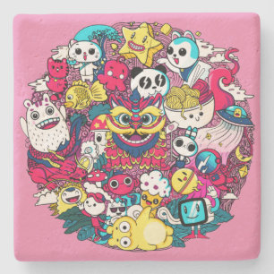 Japanese Doodle Art Throw Pillow Stone Coaster