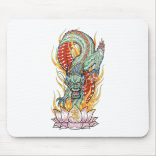 Japanese Dragon and Lotus Flower Mouse Pad