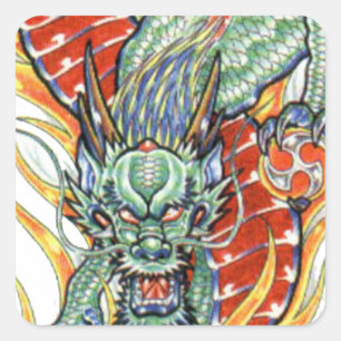 Japanese Dragon and Lotus Flower Square Sticker