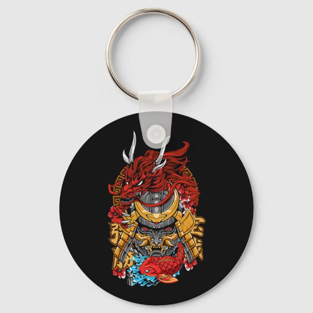 Japanese Dragon Cyberpunk Samurai Koi Fish Aesthet Key Ring (Front)