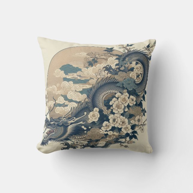 Japanese Dragon & Flower Blossom Throw Pillow (Front)