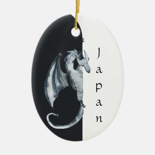 Japanese Dragon Japan Black, White Christmas Ceramic Ornament (Front)
