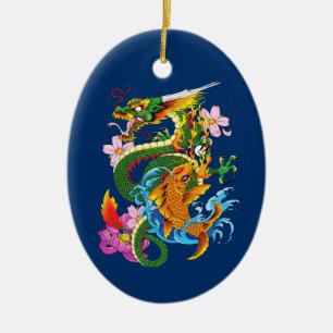 Japanese Dragon Koi Lotus Mythical Asian Blue Ceramic Ornament