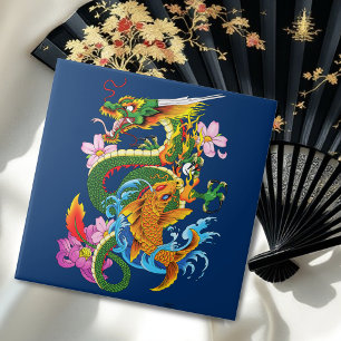 Japanese Dragon Koi Lotus Mythical Asian Blue Ceramic Tile