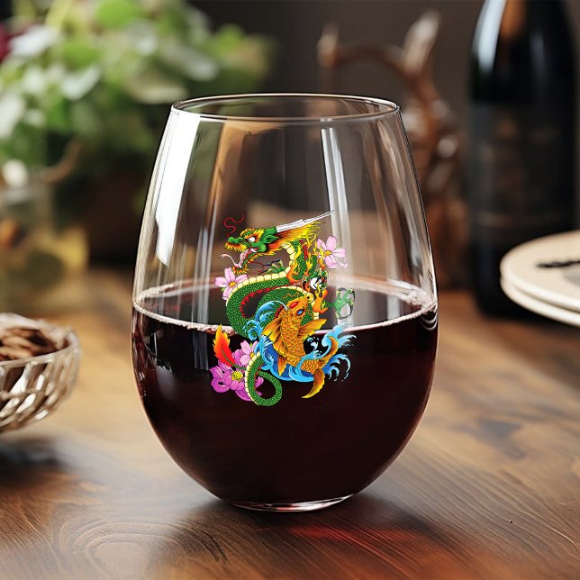 Japanese Dragon Koi Lotus Mythical Asian Blue Stemless Wine Glass (Creator Uploaded)