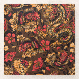 Japanese dragon koi pattern. glass coaster