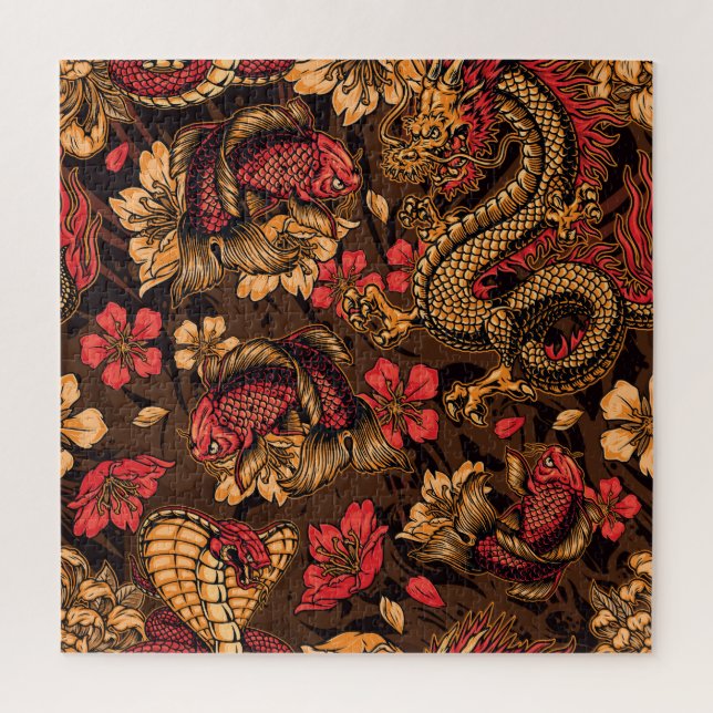 Japanese dragon koi pattern. jigsaw puzzle (Vertical)
