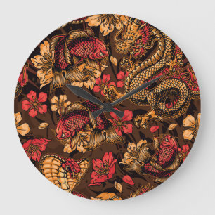 Japanese dragon koi pattern. large clock