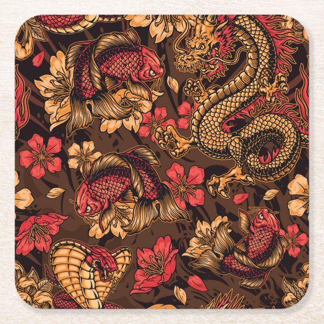 Japanese dragon koi pattern. square paper coaster (Front)
