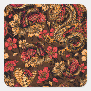 Japanese dragon koi pattern. square sticker