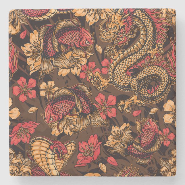 Japanese dragon koi pattern. stone coaster (Front)