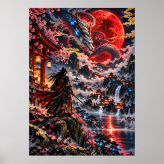 Japanese Dragon Samurai Red Moon Fantasy Art Poster