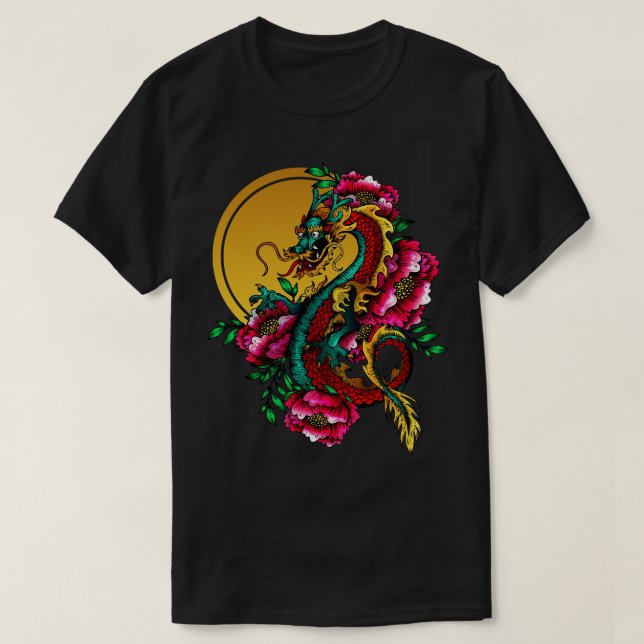 Japanese Dragon Tattoo Gold Sun Lotus T-Shirt (Design Front)
