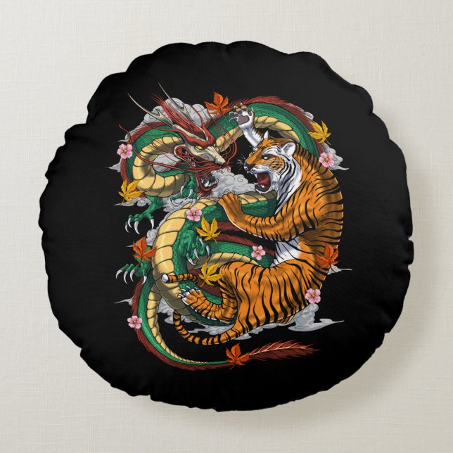 Japanese Dragon Tiger Battle Round Cushion (Front)
