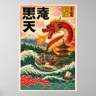Japanese Dragon Ukiyo-e Style Poster, Vintage Poster