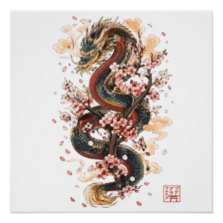 Japanese Dragon with Cherry Blossoms | Sakura Myth Poster