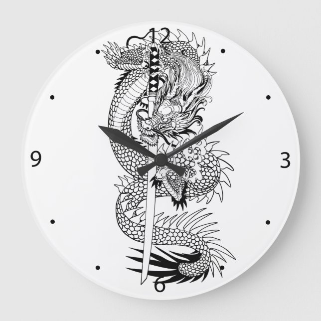 Japanese dragon with katana sword  large clock (Front)