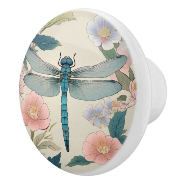 Japanese Dragonfly Art Pastel Green & Pink Floral Ceramic Knob (Right)