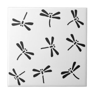 Japanese Dragonfly Pattern, Black and White Ceramic Tile