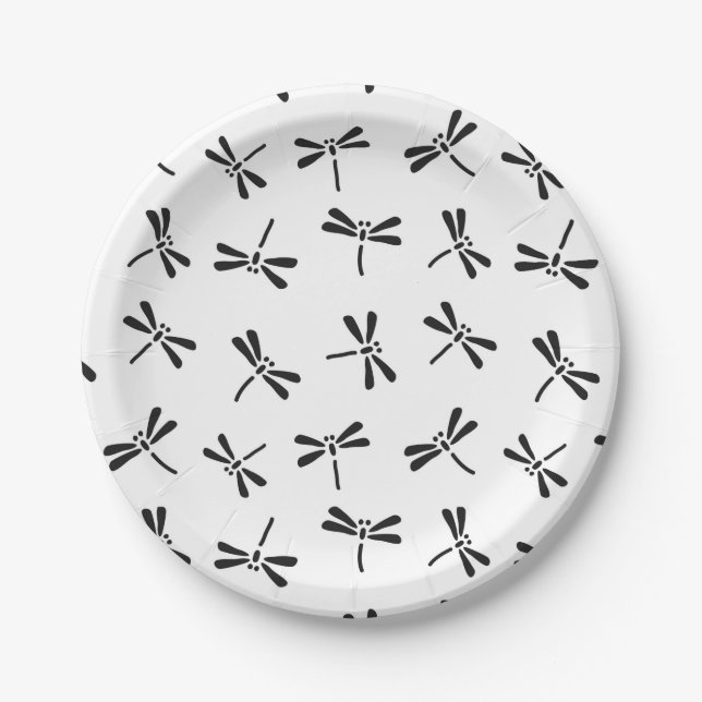 Japanese Dragonfly Pattern, Black and White Paper Plate (Front)