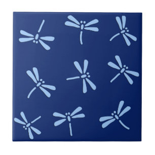 Japanese Dragonfly Pattern, Cobalt and Sky Blue Ceramic Tile