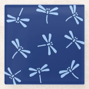 Japanese Dragonfly Pattern, Cobalt and Sky Blue Glass Coaster