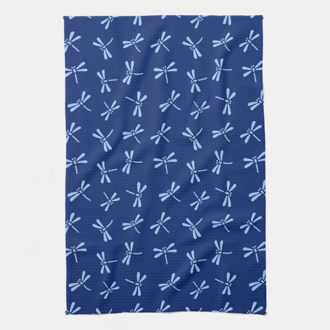 Japanese Dragonfly Pattern, Cobalt and Sky Blue Tea Towel (Vertical)