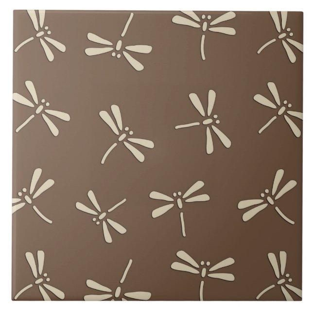 Japanese Dragonfly Pattern, Cream and Taupe Tan Ceramic Tile (Front)
