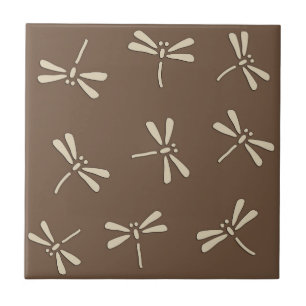 Japanese Dragonfly Pattern, Cream and Taupe Tan Ceramic Tile