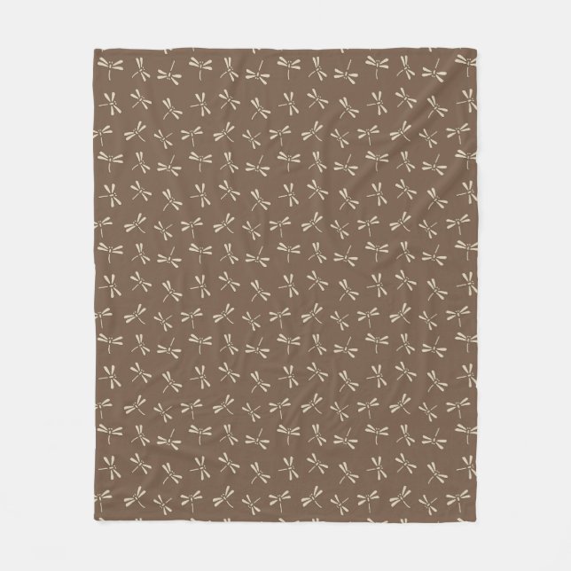 Japanese Dragonfly Pattern, Cream and Taupe Tan Fleece Blanket (Front)