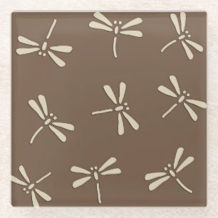 Japanese Dragonfly Pattern, Cream and Taupe Tan Glass Coaster