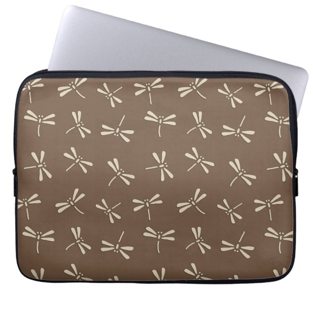 Japanese Dragonfly Pattern, Cream and Taupe Tan Laptop Sleeve (Front)