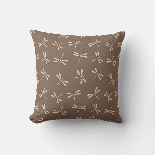 Japanese Dragonfly Pattern, Cream and Taupe Tan Outdoor Cushion (Front)