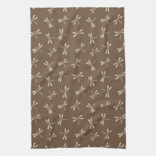 Japanese Dragonfly Pattern, Cream and Taupe Tan Tea Towel