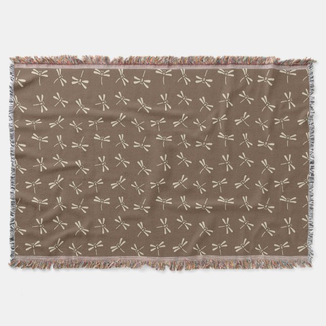 Japanese Dragonfly Pattern, Cream and Taupe Tan Throw Blanket (Front)
