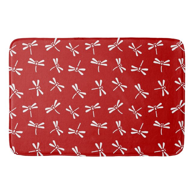 Japanese Dragonfly Pattern, Deep Red and White   Bath Mat (Front)