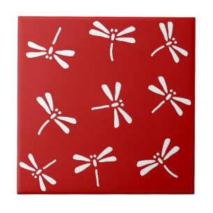 Japanese Dragonfly Pattern, Deep Red and White Ceramic Tile