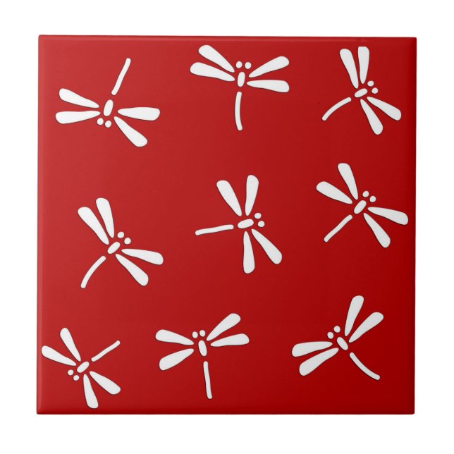 Japanese Dragonfly Pattern, Deep Red and White Ceramic Tile (Front)