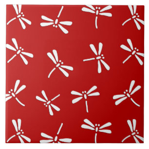 Japanese Dragonfly Pattern, Deep Red and White Ceramic Tile