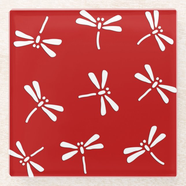 Japanese Dragonfly Pattern, Deep Red and White Glass Coaster (Front)