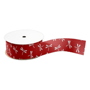 Japanese Dragonfly Pattern, Deep Red and White Grosgrain Ribbon