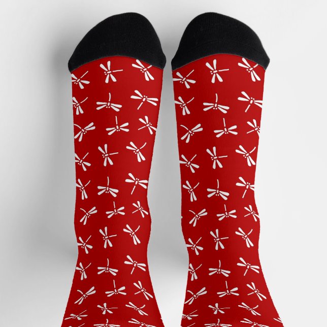 Japanese Dragonfly Pattern, Deep Red & White   Socks (Top)
