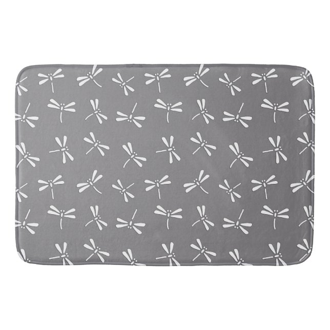 Japanese Dragonfly Pattern, Grey / Grey and White Bath Mat (Front)