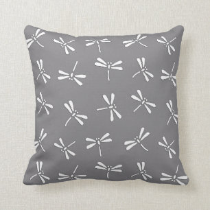 Japanese Dragonfly Pattern, Grey / Grey and White Cushion