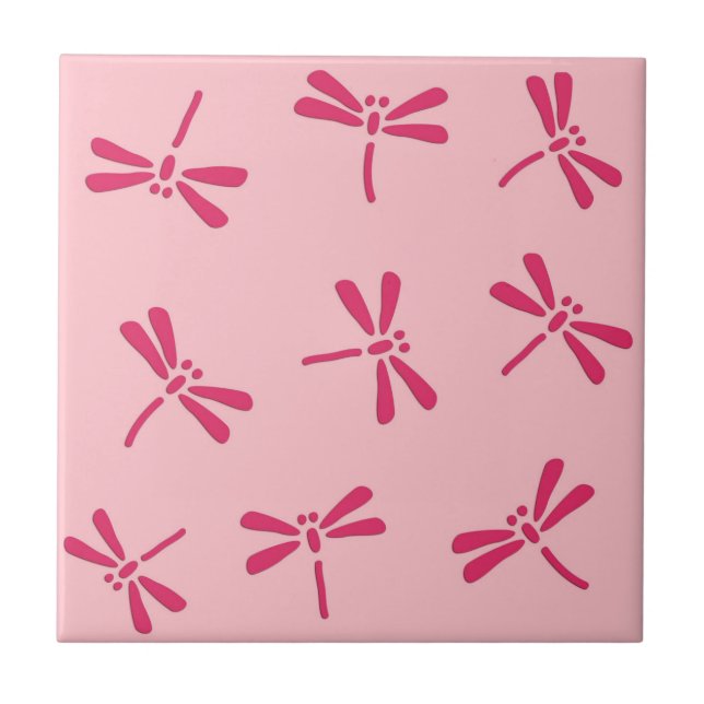 Japanese Dragonfly Pattern, Light Coral Pink Ceramic Tile (Front)