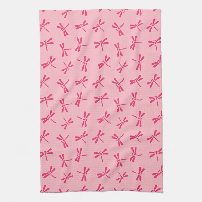 Japanese Dragonfly Pattern, Light Coral Pink Tea Towel (Vertical)