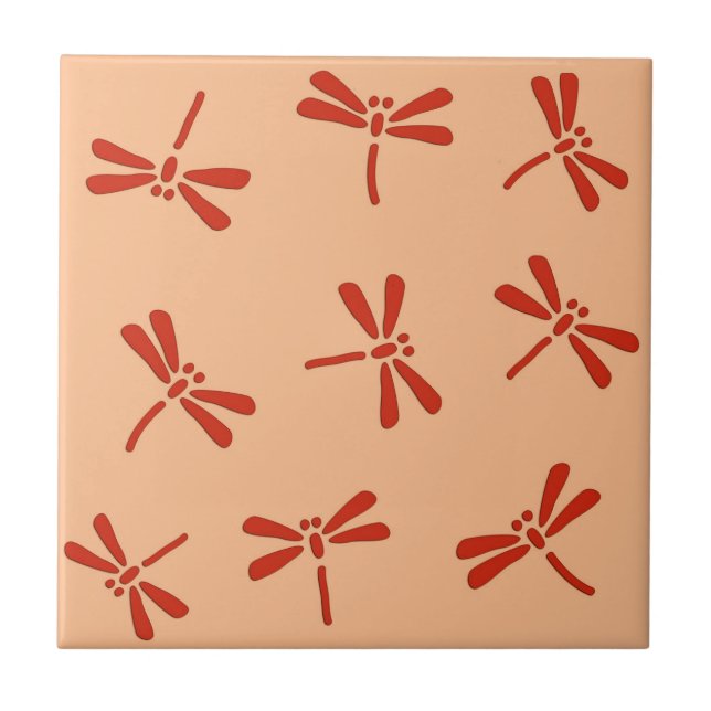Japanese Dragonfly Pattern, Mandarin Orange Ceramic Tile (Front)