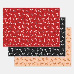 Japanese Dragonfly Pattern, Red, Black, Orange Wrapping Paper Sheet