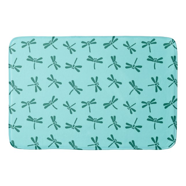 Japanese Dragonfly Pattern, Turquoise and Aqua Bath Mat (Front)